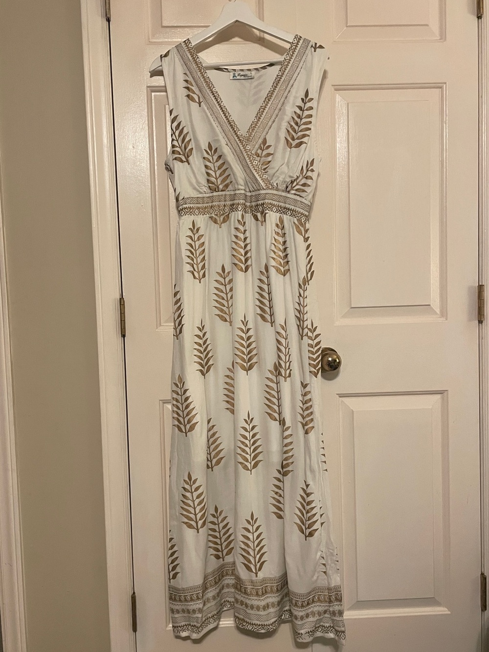 Lapogee White & Gold Leaf Print Maxi Dress - Boho Chic Resort made in India L